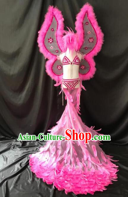 Top Grade Professional Stage Show Catwalks Halloween Dance Pink Feather Bikini Costumes and Headpiece, Brazilian Rio Carnival Samba Opening Dance Modern Fancywork Long Trailing Dress Clothing for Kids