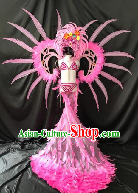 Top Grade Professional Stage Show Catwalks Halloween Wings Pink Long Feather Bikini Costumes and Headpiece, Brazilian Rio Carnival Samba Opening Dance Modern Fancywork Long Trailing Dress Clothing for Kids