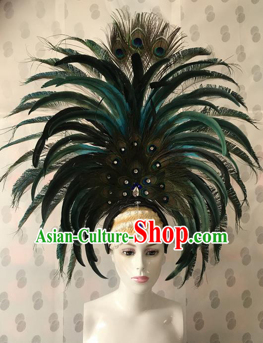 Top Grade Professional Stage Show Catwalks Brazil Parade Giant Green Feather Headpiece, Brazilian Rio Carnival Samba Opening Dance Modern Fancywork Big Head Decorations for Women