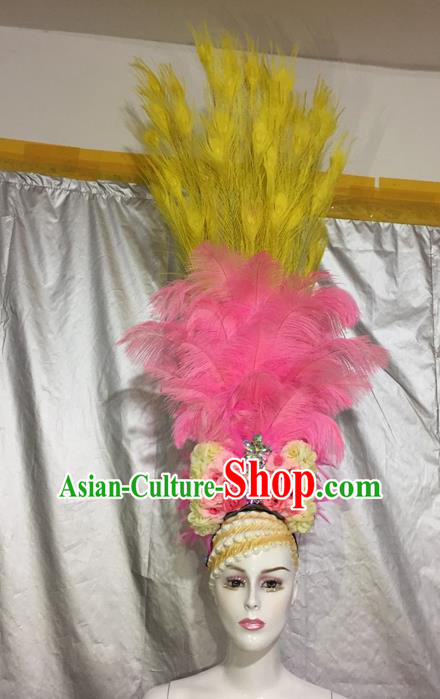 Top Grade Professional Stage Show Catwalks Brazil Halloween Pink Feather Deluxe Headpiece, Brazilian Rio Carnival Samba Opening Dance Modern Fancywork Big Hair Accessories for Women