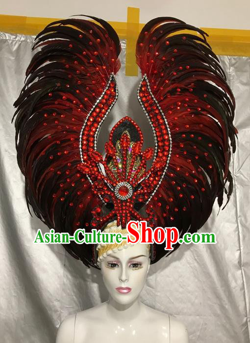 Top Grade Professional Stage Show Catwalks Brazil Halloween Red Feather Deluxe Headpiece, Brazilian Rio Carnival Samba Opening Dance Modern Fancywork Big Feather Headwear for Women