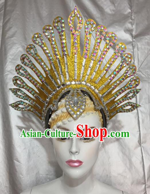 Top Grade Professional Stage Show Catwalks Brazil Halloween Crystal Headpiece, Brazilian Rio Carnival Samba Opening Dance Modern Fancywork Headwear for Women