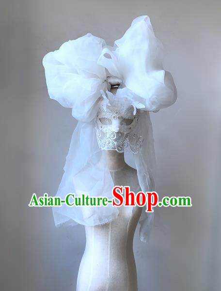 Top Grade Chinese Theatrical Luxury Headdress Ornamental White Lace Headwear and Mask, Halloween Fancy Ball Ceremonial Occasions Handmade Veil Headpiece for Women