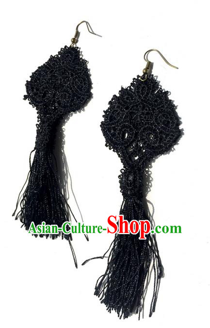 Top Grade Chinese Theatrical Luxury Lace Vintage Earrings, Halloween Fancy Ball Asian Traditional Model Show Black Tassel Eardrop for Women