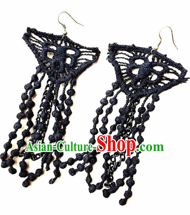 Top Grade Chinese Theatrical Luxury Vintage Earrings, Halloween Fancy Ball Asian Traditional Model Show Black Tassel Eardrop for Women