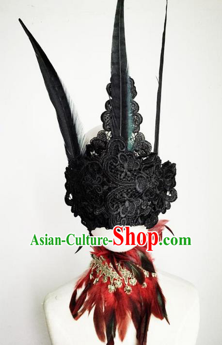 Top Grade Chinese Theatrical Luxury Headdress Ornamental Black Lace Mask Hair Accessories, Halloween Fancy Ball Ceremonial Occasions Handmade Witch Headwear for Women