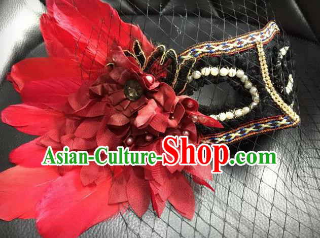 Top Grade Chinese Theatrical Luxury Headdress Ornamental Red Feather Mask, Halloween Fancy Ball Ceremonial Occasions Handmade Witch Veil Face Mask for Women