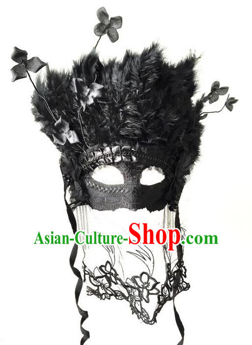Top Grade Chinese Theatrical Luxury Headdress Ornamental Black Feather Mask, Halloween Fancy Ball Ceremonial Occasions Handmade Lace Mask Hair Accessories for Women