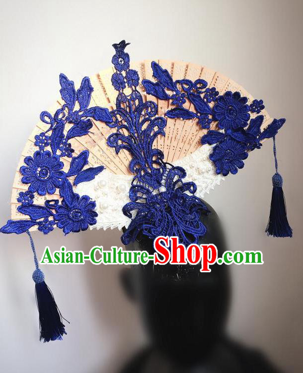 Top Grade Chinese Theatrical Headdress Ornamental Asian Headpiece Blue Flowers Floral, Halloween Fancy Ball Ceremonial Occasions Handmade Manchu Headwear for Women