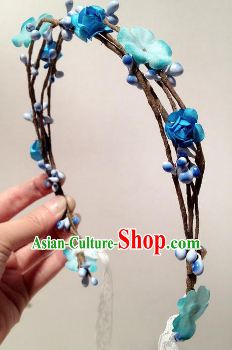Top Grade Chinese Theatrical Luxury Headdress Ornamental Blue Flowers Hair Clasp, Halloween Fancy Ball Ceremonial Occasions Handmade Hair Accessories for Women