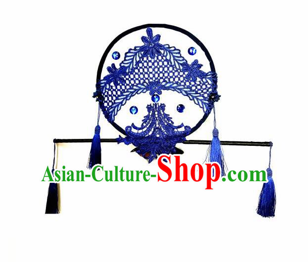 Top Grade Chinese Theatrical Headdress Ornamental Asian Headpiece Blue Fanshaped Flowers Floral, Halloween Fancy Ball Ceremonial Occasions Handmade Manchu Headwear for Women