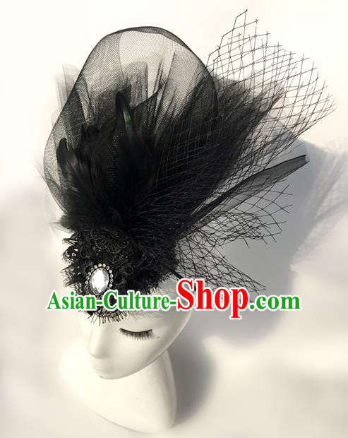 Top Grade Chinese Theatrical Headdress Traditional Ornamental Black Veil Headwear, Brazilian Carnival Halloween Occasions Handmade Vintage Queen Hair Clasp for Women