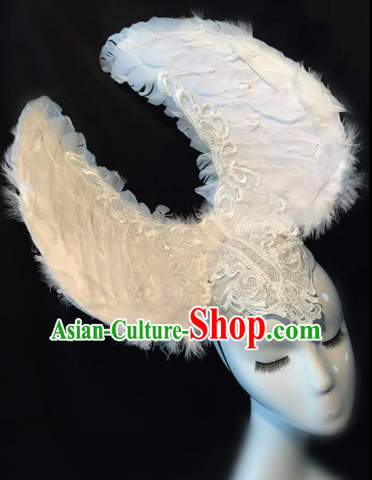 Top Grade Chinese Theatrical Headdress Traditional Ornamental White Feather Headwear, Brazilian Carnival Halloween Occasions Handmade Deluxe Headpiece for Women