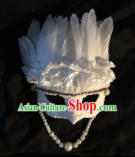 Top Grade Chinese Theatrical Headdress Traditional Ornamental White Feather Mask, Brazilian Carnival Halloween Occasions Handmade Deluxe Lace Mask for Women