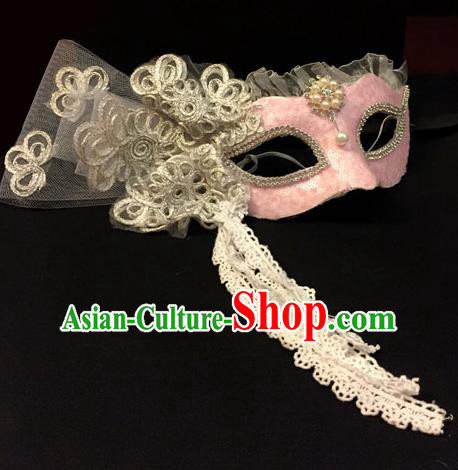 Top Grade Chinese Theatrical Headdress Traditional Ornamental Lace Mask, Brazilian Carnival Halloween Occasions Handmade Miami Pink Mask for Women