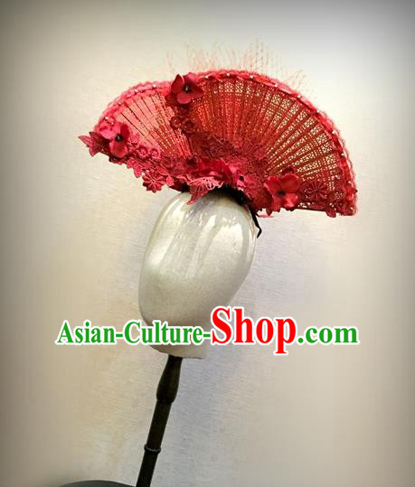 Top Grade Chinese Theatrical Headdress Traditional Ornamental Manchu Princess Red Fan Hair Accessories, Asian Traditional Halloween Occasions Handmade Headwear for Women