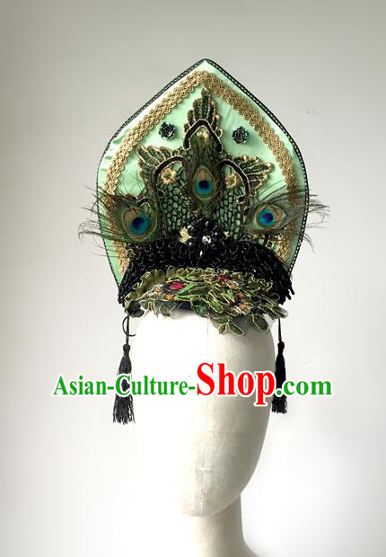 Top Grade Chinese Theatrical Headdress Traditional Ornamental Gothic Green Feather Hair Accessories, Brazilian Carnival Halloween Occasions Handmade Queen Headwear for Women