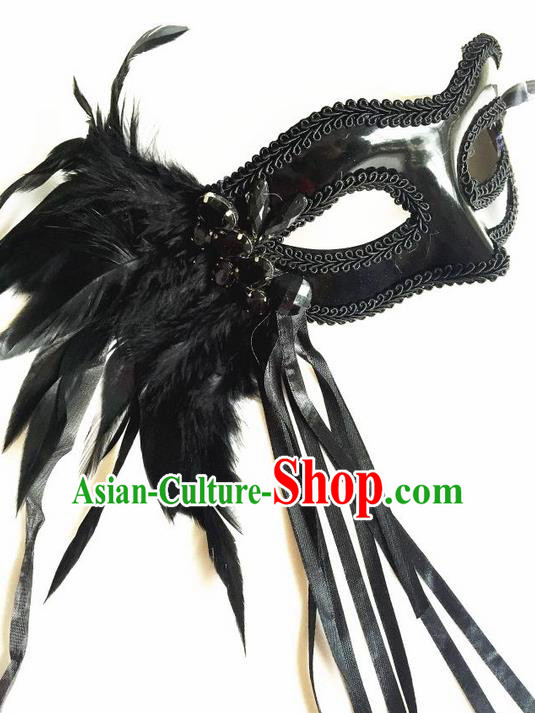 Top Grade Chinese Theatrical Headdress Ornamental Black Feather Mask, Asian Traditional Halloween Occasions Handmade Debutante Lace Mask for Women