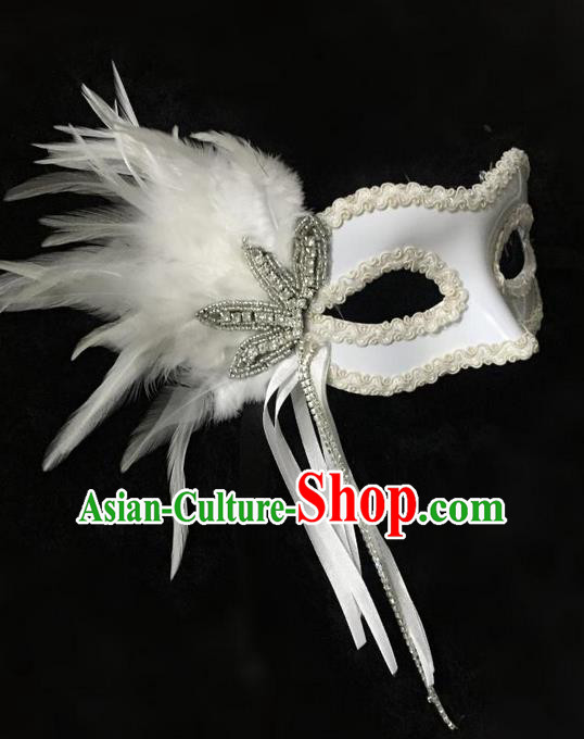 Top Grade Chinese Theatrical Headdress Ornamental White Feather Mask, Asian Traditional Halloween Occasions Handmade Debutante Lace Mask for Women