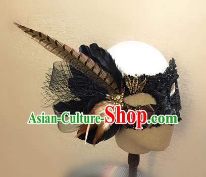 Top Grade Chinese Theatrical Headdress Traditional Ornamental Feather Mask, Brazilian Carnival Halloween Occasions Handmade Vintage Black Lace Mask for Men