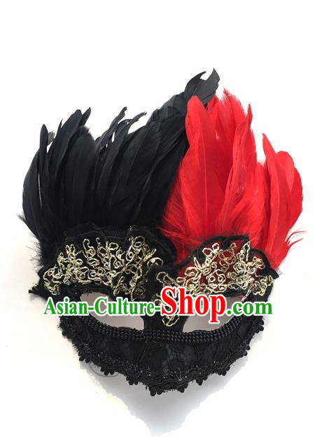 Top Grade Chinese Theatrical Headdress Traditional Ornamental Feather Mask, Brazilian Carnival Halloween Occasions Handmade Vintage Black Mask for Men