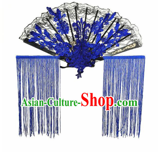 Top Grade Chinese Theatrical Headdress Ornamental Asian Headpiece Blue Fanshaped Floral Hair Accessories, Halloween Fancy Ball Ceremonial Occasions Handmade Tassel Headwear for Women