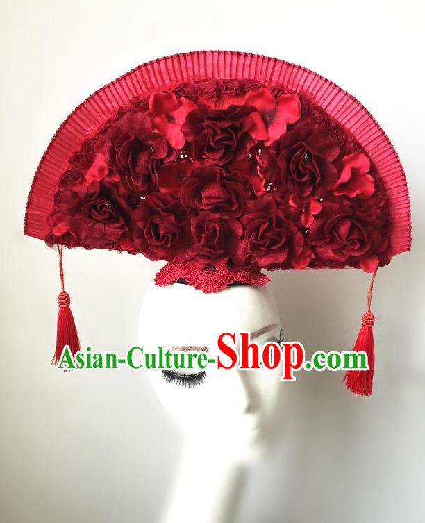 Top Grade Chinese Theatrical Headdress Ornamental Asian Headpiece Red Fanshaped Floral Hair Accessories, Halloween Fancy Ball Ceremonial Occasions Handmade Headwear for Women