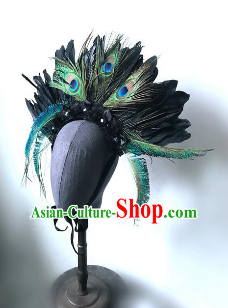Top Grade Chinese Theatrical Headdress Ornamental Asian Peacock Feathers Hair Accessories, Halloween Fancy Ball Ceremonial Occasions Handmade Headwear for Women