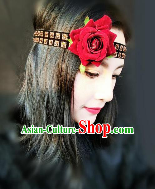 Top Grade Chinese Theatrical Traditional Ornamental Rose Hair Clasp, Brazilian Carnival Halloween Occasions Handmade Bride Vintage Headband for Women