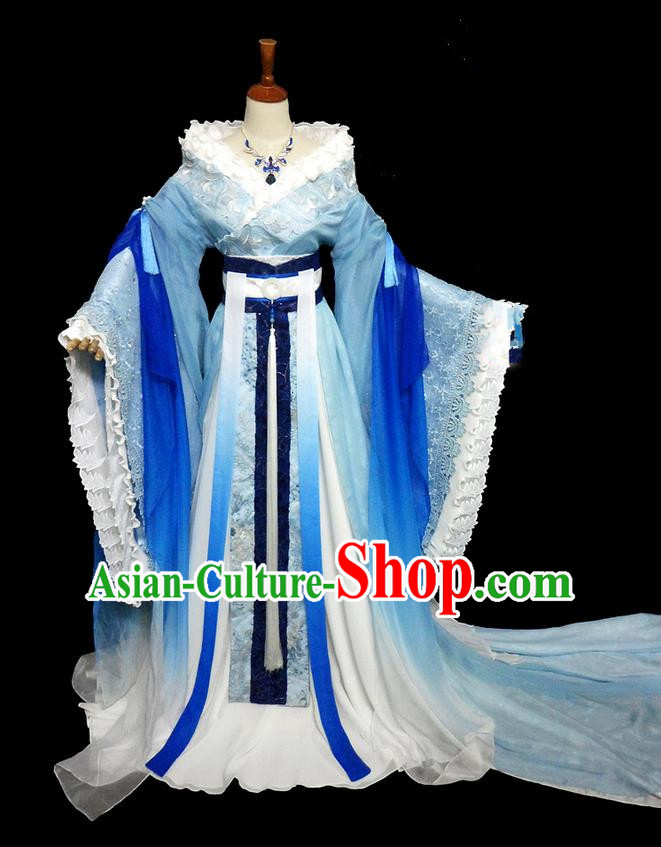 Traditional Ancient Chinese Young Lady Fairy Blue Costume, Chinese Tang Dynasty Princess Embroidered Dress Clothing for Women