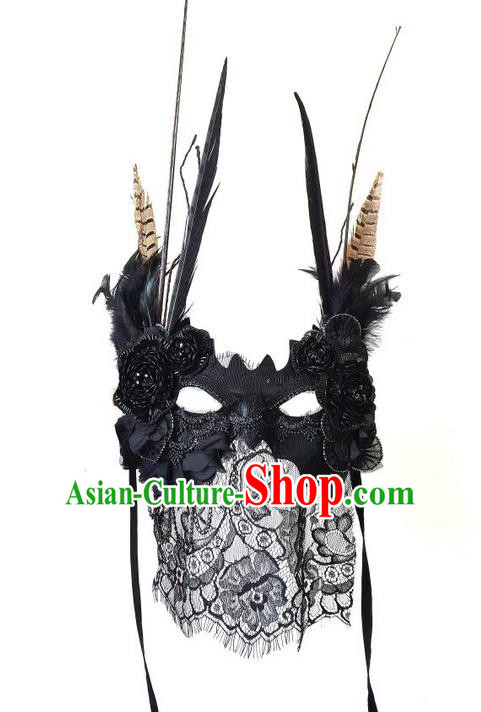 Top Grade Chinese Theatrical Headdress Ornamental Lace Veil Mask, Brazilian Carnival Halloween Occasions Handmade Miami Debutante Black Mask for Women