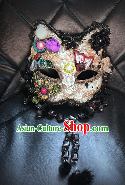 Top Grade Chinese Theatrical Headdress Ornamental Masquerade Lace Mask, Brazilian Carnival Halloween Occasions Handmade Miami Debutante Crystal Cat Mask for Women