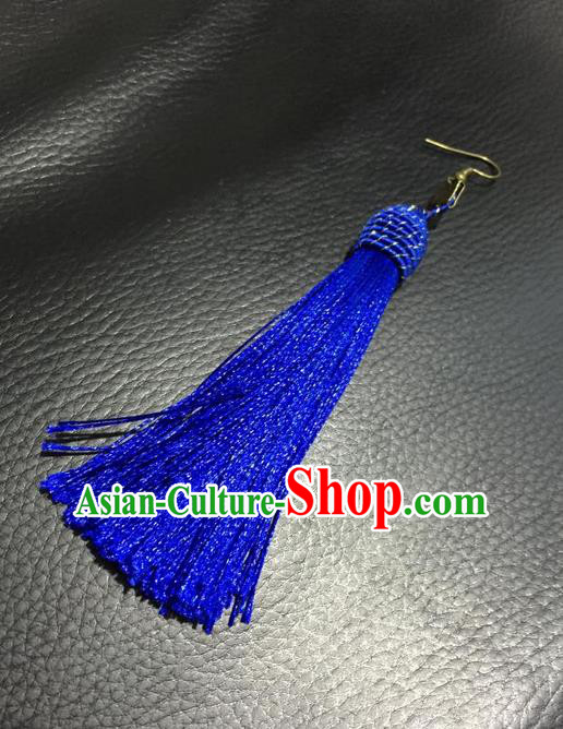 Top Grade Chinese Theatrical Headdress Ornamental Masquerade Earrings, Brazilian Carnival Halloween Occasions Handmade Miami Debutante Blue Tassel Eardrop for Women