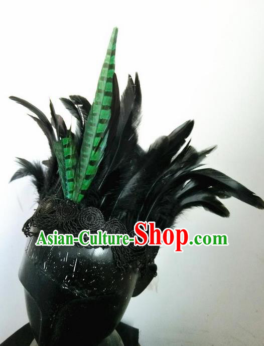 Top Grade Chinese Theatrical Headdress Ornamental Masquerade Green Feather Hair Accessories, Brazilian Carnival Halloween Occasions Handmade Miami Headwear for Women