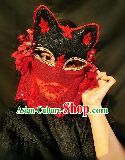 Top Grade Chinese Theatrical Headdress Ornamental Masquerade Cat Mask, Brazilian Carnival Halloween Occasions Handmade Miami Red Lace Veil Mask for Women