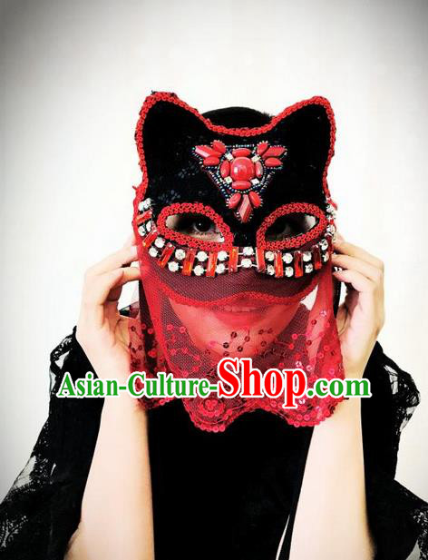 Top Grade Chinese Theatrical Headdress Ornamental Masquerade Beads Cat Mask, Brazilian Carnival Halloween Occasions Handmade Miami Red Lace Veil Mask for Women