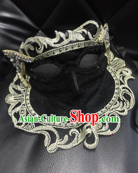 Top Grade Chinese Theatrical Headdress Ornamental Masquerade Black Cat Mask, Brazilian Carnival Halloween Occasions Handmade Miami Lace Veil Mask for Women