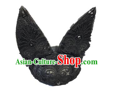 Top Grade Asian Headpiece Headdress Ornamental Cat Ears Hair Accessories, Brazilian Carnival Halloween Occasions Handmade Miami Black Lace Hat for Women