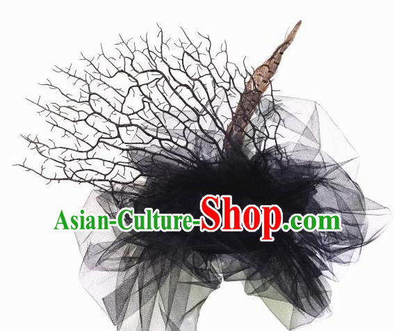 Top Grade Asian Headpiece Headdress Ornamental Branch Feather Hair Accessories, Brazilian Carnival Halloween Occasions Handmade Miami Black Veil Headwear for Women