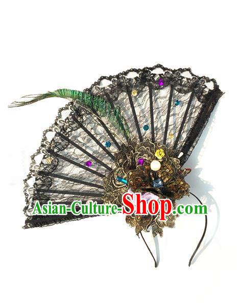 Top Grade Miami Deluxe Asian Chinese Fan Lace Hair Accessories, Halloween Brazilian Carnival Occasions Handmade Hair Clasp Headwear for Women