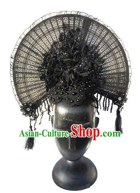 Top Grade Miami Deluxe Asian Chinese Black Fan Lace Hair Accessories, Halloween Brazilian Carnival Occasions Model Show Handmade Hair Clasp Headwear for Women