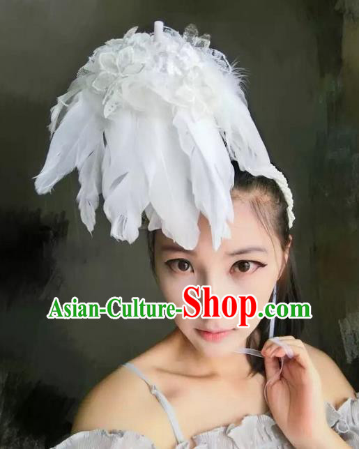 Top Grade Miami Deluxe White Feather Pearls Hair Accessories, Halloween Headdress Brazilian Carnival Occasions Handmade Headwear for Women