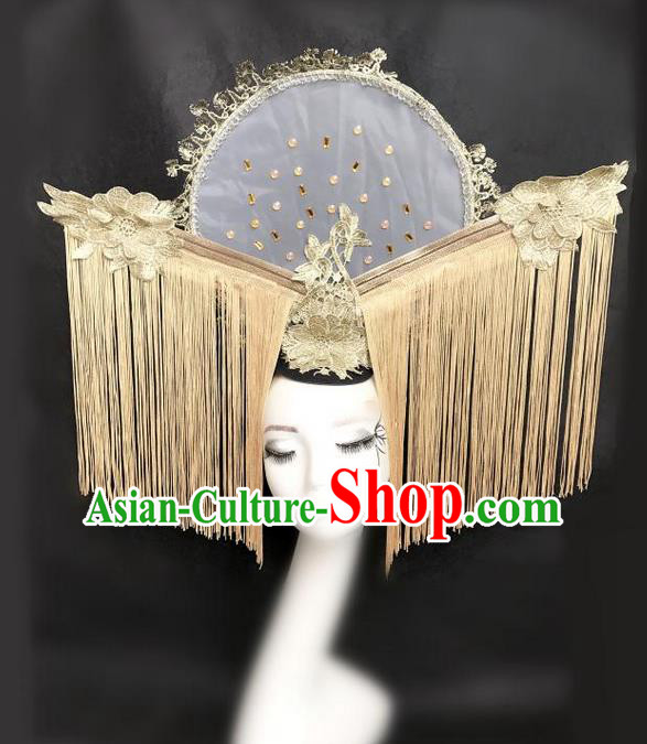 Top Grade Deluxe Asian Chinese Traditional Catwalks Headdress Fan Hair Clasp, Halloween Brazilian Carnival Occasions Model Show Handmade Tassel Headwear for Women