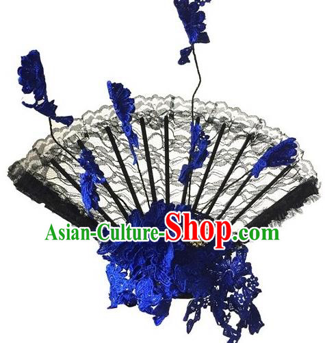 Top Grade Asian China Fan Hair Accessories, Traditional China Manchu Princess Flowers Floral Headdress Occasions Handmade Blue Lace Headwear for Women