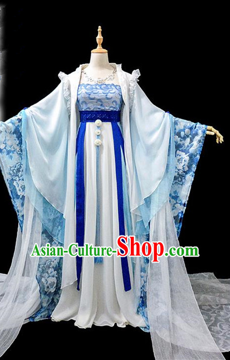 Traditional Ancient Chinese Imperial Concubine Fairy Embroidered Costume, Chinese Tang Dynasty Princess Blue Dress Hanfu Clothing for Women