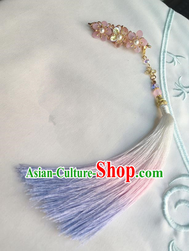 Asian Chinese Traditional Headdress Blue Tassel Hairpins, China Ancient Handmade Bride Flowers Hanfu Step Shake Hair Stick Headwear for Women