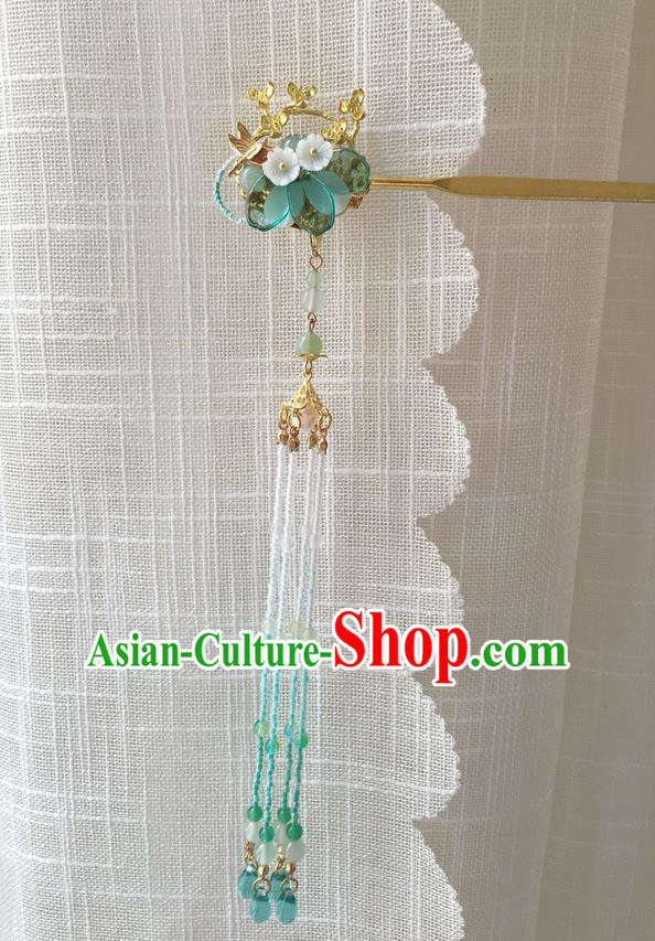 Asian Chinese Traditional Headdress Green Beads Tassel Hair Accessories Hairpins, China Ancient Handmade Bride Hanfu Step Shake Flowers Hair Stick Headwear for Women