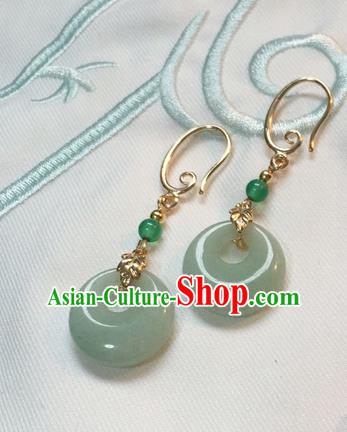 Asian Chinese Traditional Headdress Green Jade Tassel Earrings, China Ancient Handmade Bride Hanfu Crystal Eardrop for Women