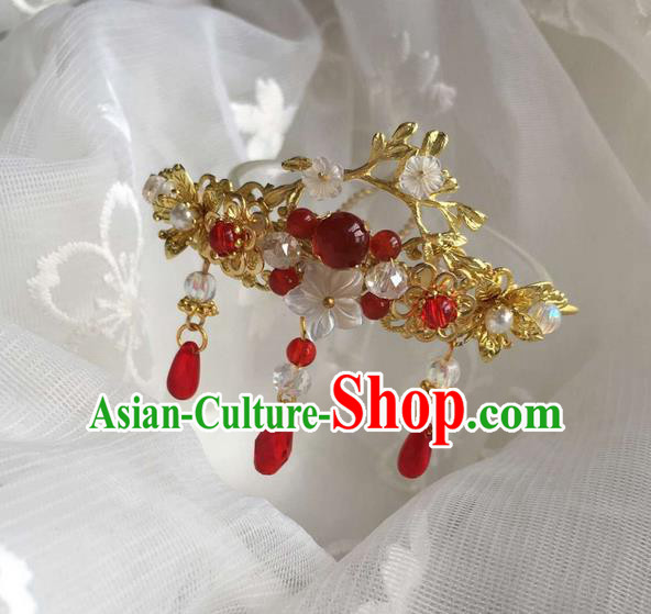 Asian Chinese Traditional Headdress Red Agate Hair Accessories Xiuhe Suit Hairpins, China Ancient Handmade Bride Hanfu Tassel Step Shake Headwear for Women
