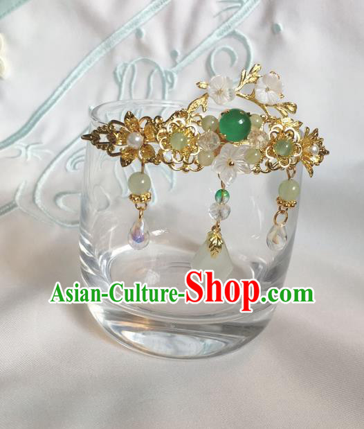 Asian Chinese Traditional Headdress Green Agate Hair Accessories Hairpins, China Ancient Handmade Bride Hanfu Tassel Step Shake Headwear for Women